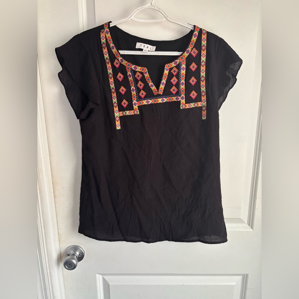 THML  Black Embroidered Women's Top